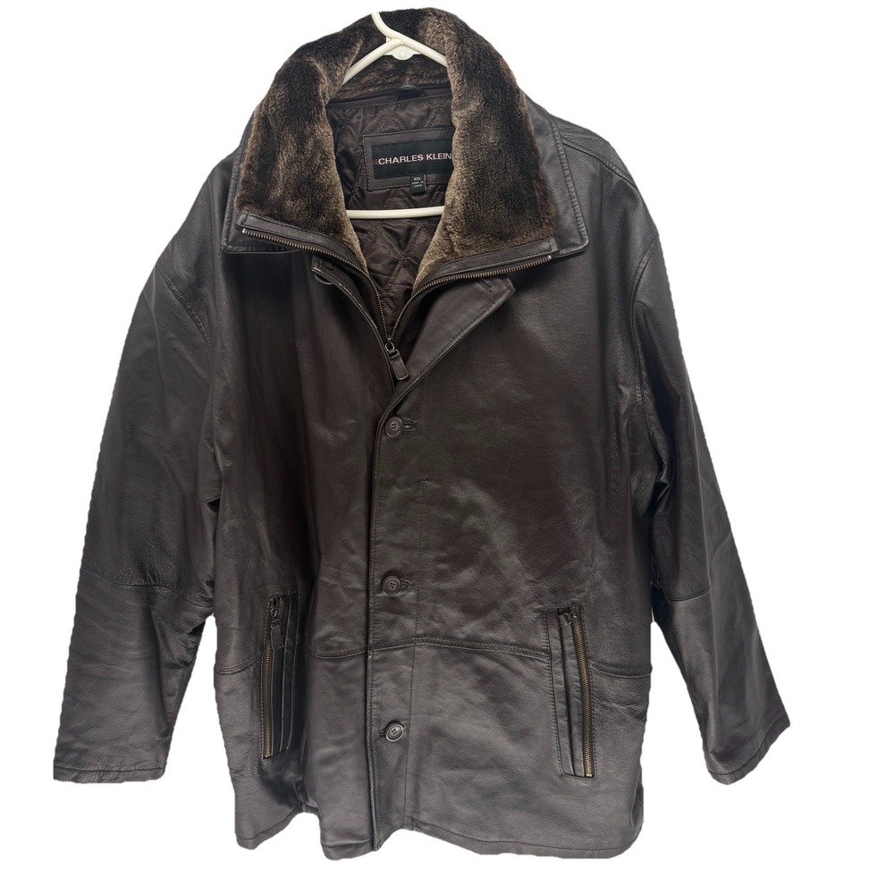 Charles Klein leather Button jacket Fur Collar Quilted Removable Lining Men XXL